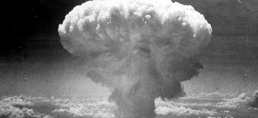 The mushroom cloud above Nagasaki after atomic bombing on August 9, 1945
