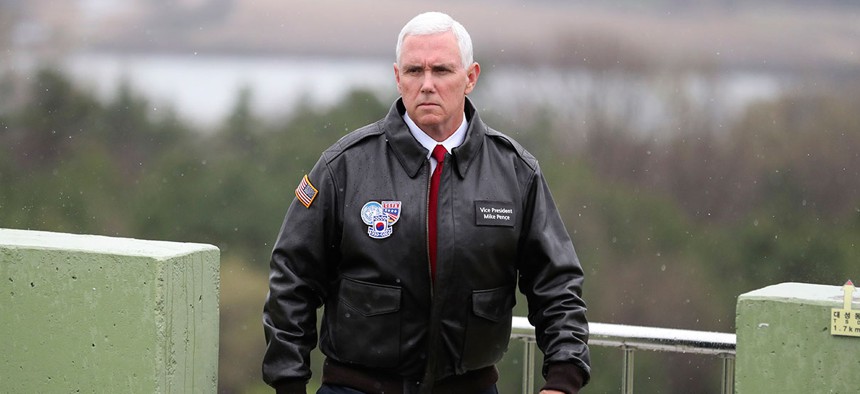 Mike Pence arrives at Observation Post Ouellette in the Demilitarized Zone Monday.