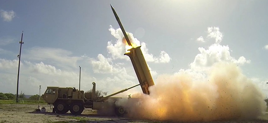 A Terminal High Altitude Area Defense (THAAD) interceptor is launched from a THAAD battery located on Wake Island, during Flight Test Operational in 2015.