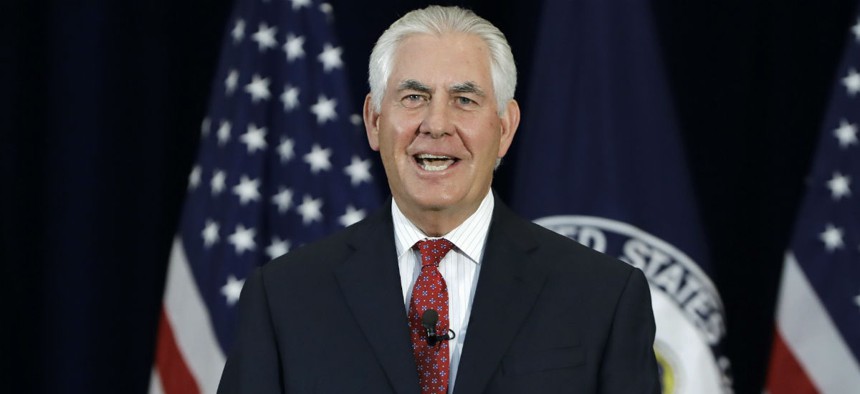 Secretary of State Rex Tillerson speaks to employees on Wednesday. 