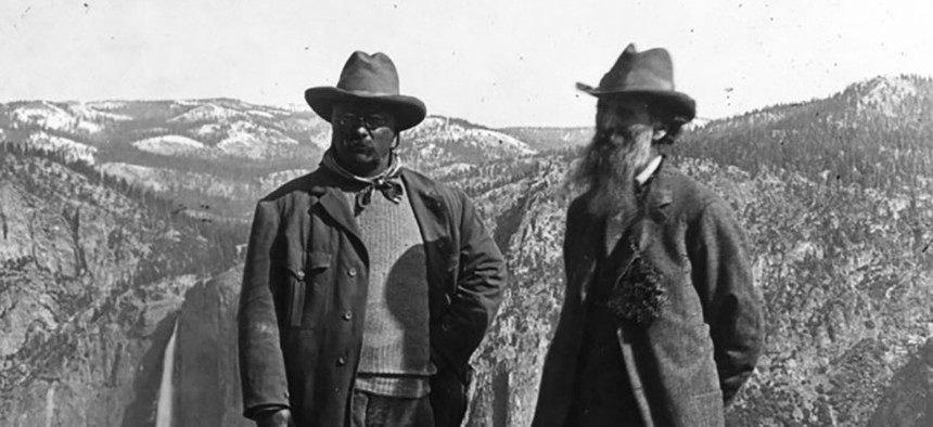In 1903, Theodore Roosevelt camped in the Sierra Nevada mountains with John Muir.