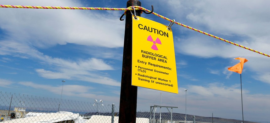 Sign warning of radioactivity at the "C" tank farm at the Hanford.