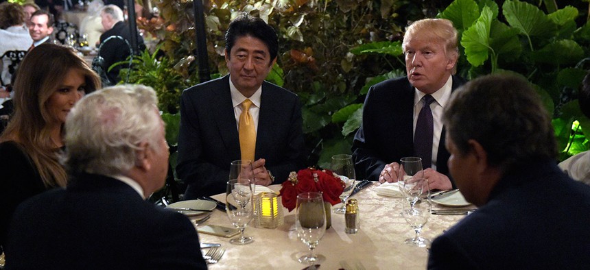 Donald Trump dines with Shinzō Abe at Mar-a-Lago in February.