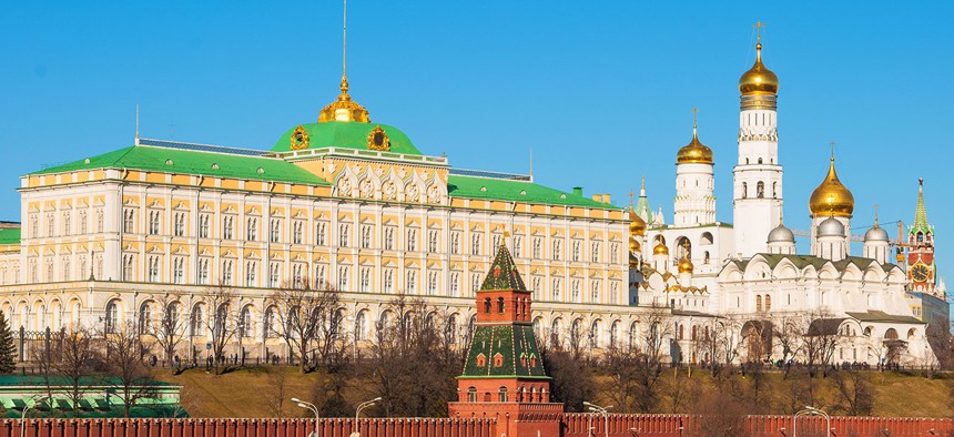 The Kremlin sits near the bank of the Mosvka River.