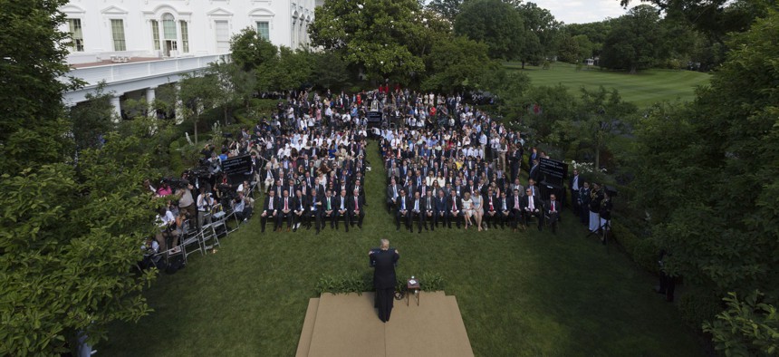 Donald Trump speaks in the White House Rose Garden on June 1.