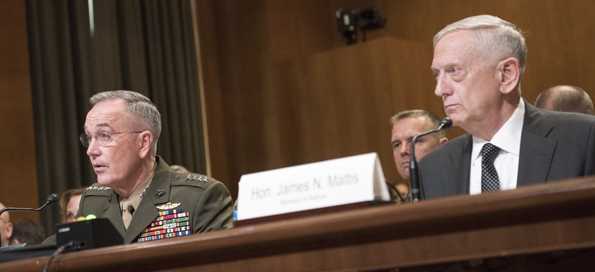  Marine Corps Gen. Joseph F. Dunford Jr., chairman of the Joint Chiefs of Staff, and Defense Department chief James N.  Mattis testify on Capitol Hill on the National Defense Authorization Budget Request in June.
