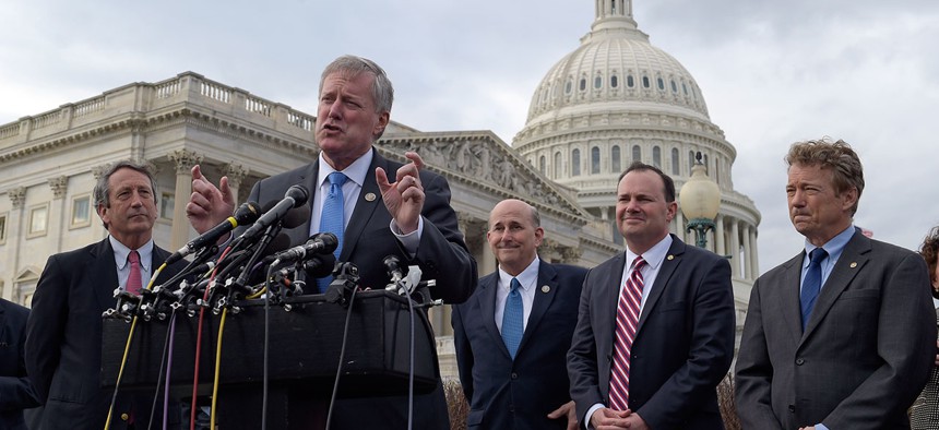 Rep. Mark Meadows speaks about health care during a news conference on March 7. He is joined by (from left) Reps. Mark Sanford and Louie Gohmert, and Sens. Mike Lee and Rand Paul.