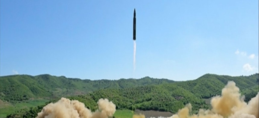 A news bulletin aired by North Korea's KRT on Tuesday, July 4, 2017, shows what was said to be the launch of a Hwasong-14 intercontinental ballistic missile.