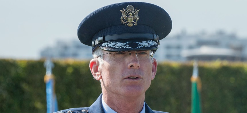 Air Force Gen. Paul J. Selva, vice chairman of the Joint Chiefs of Staff, speaks during a POW/MIA ceremony at the Pentagon in 2016.