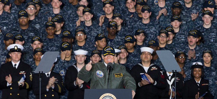President Donald J. Trump speaks with Sailors in the hangar bay aboard Pre-Commissioning Unit Gerald R. Ford (CVN 78) in March.