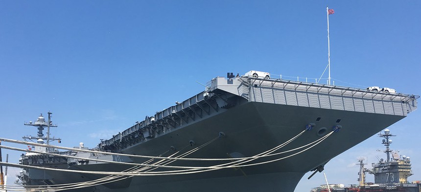 The aircraft carrier Pre-Commissioning Unit Gerald R. Ford (CVN 78) is shown docked at Pier 11 of Naval Station Norfolk in June.