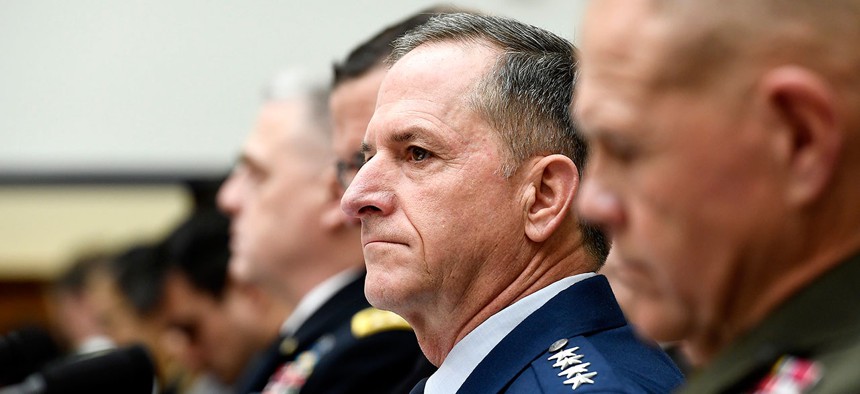 Air Force Chief of Staff Gen. David L. Goldfein testifies on Capitol Hill in Washington, Wednesday, April 5, 2017, before the House Armed Services Committee hearing.