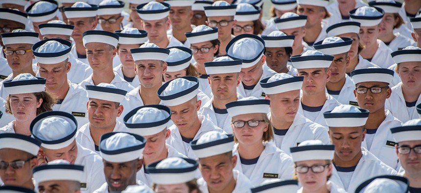 Incoming midshipmen participate in the Oath of Office Ceremony, during induction day (I-day) at the U.S. Naval Academy in Annapolis, Maryland, June 29, 2017. 