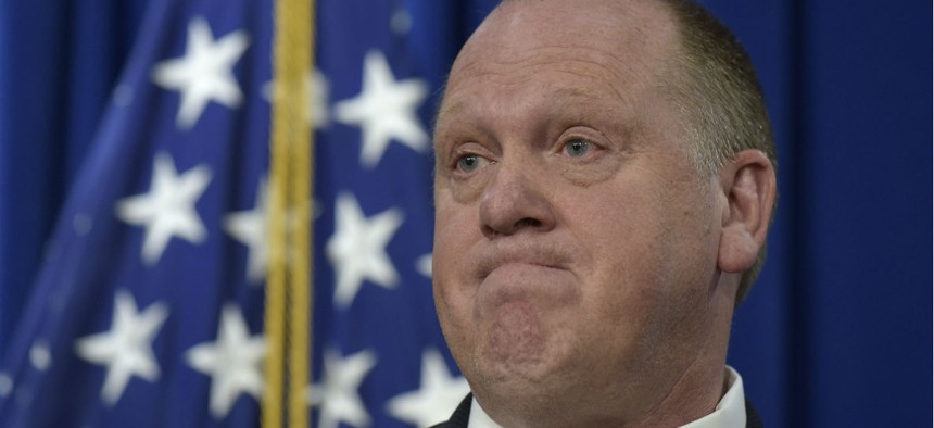 U.S. Immigration and Customs Enforcement acting director Thomas Homan speaks during a news conference in May.