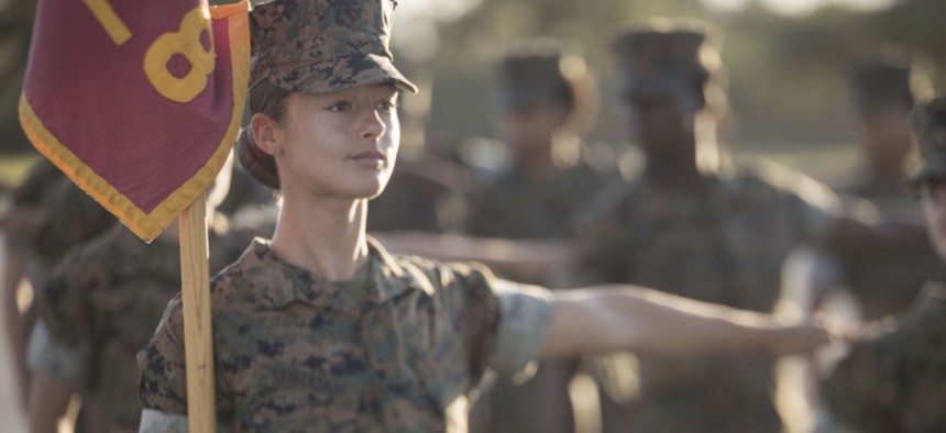 Marine Corps Rct. Rihanna N. Shihadeh, Platoon 4028, Papa Company, 4th Recruit Training Battalion, does a close-order drill movement during an evaluation Aug. 2, 2017, on Parris Island, S.C.