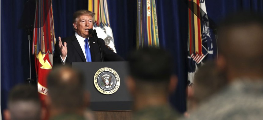 President Donald Trump speaks at Fort Myer in Arlington Va., on Aug. 21.