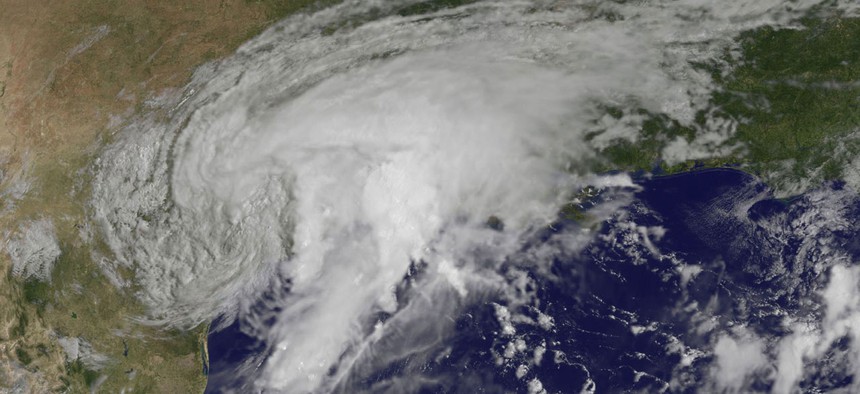 Hurricane Harvey is shown over Texas on Sunday, Aug. 27.