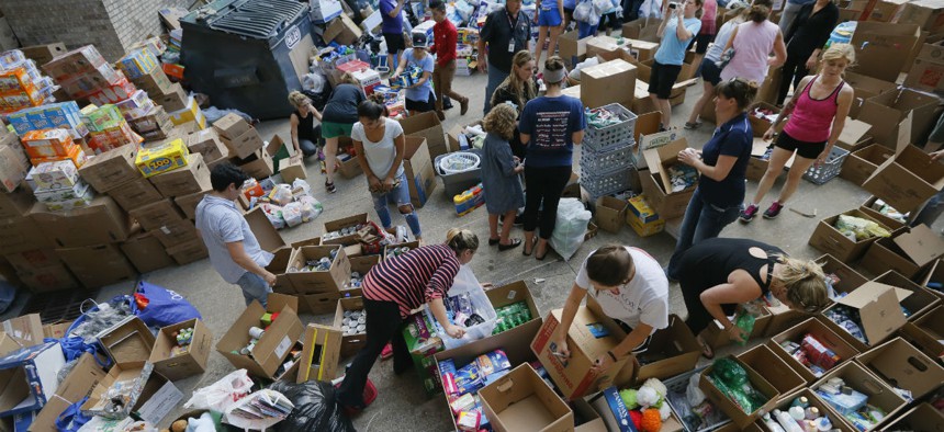 Donated items sit in a loading dock in Dallas as volunteers organize the items for Hurricane Harvey victims Aug. 29.