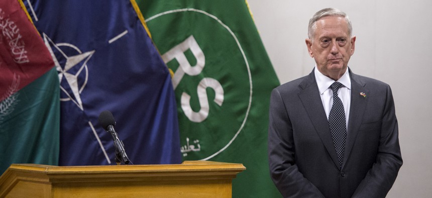   Secretary of Defense Jim Mattis and U.S. Army Gen. John Nicholson, commander of Resolute Support, host a joint press conference at the Resolute Support Headquarters in Kabul in April.