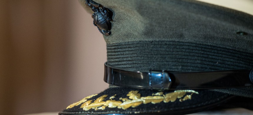 A service hat representing the U.S. Marine Corps on display at an Agriculture Department Veterans Day ceremony in 2013. 