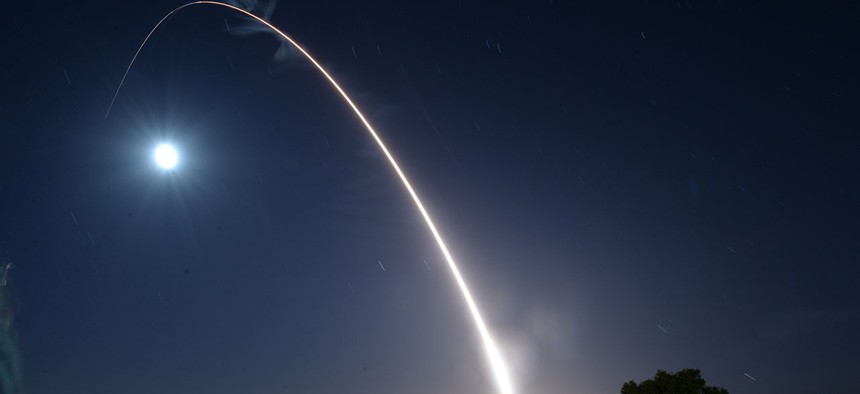 An unarmed U.S. Air Force Minuteman III intercontinental ballistic missile launches during an operational test May 3, 2017, at Vandenberg Air Force Base in California.