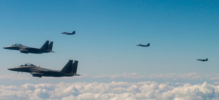 Aircraft from the U.S. Air Force, U. S. Marine Corps, Japan Air Defense Force and Republic of Korea Air Force conduct a show of force flight south of the Demilitarization Zone in South Korea on Aug. 31.