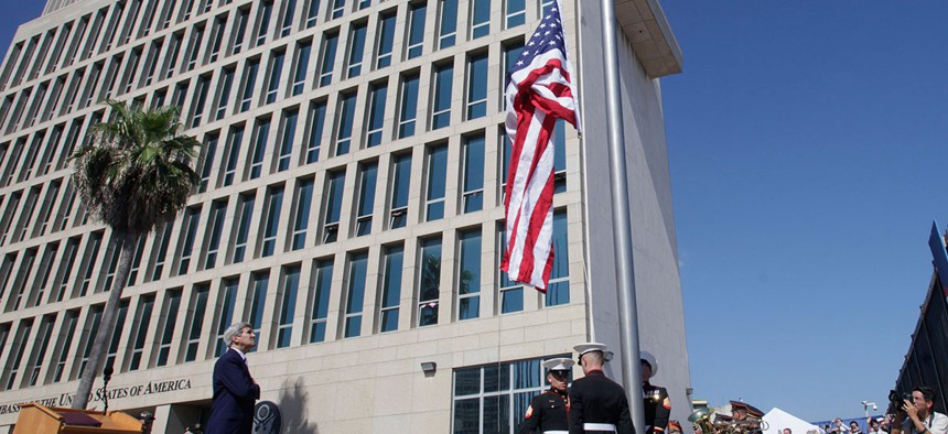 The American flag is raised at the newly opened U.S. Embassy in Havana in 2015.