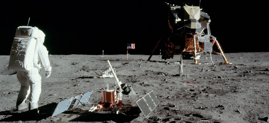 Astronaut Buzz Aldrin is shown on the surface of the moon during the Apollo 11 extravehicular activity. 