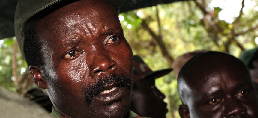 The leader of the Lord's Resistance Army Joseph Kony answers journalists' questions following a meeting with UN humanitarian chief Jan Egeland at Ri-Kwangba in southern Sudan in 2006