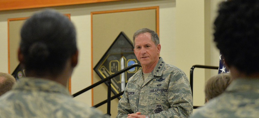 Gen. David Goldfein, the Air Force chief of staff, speaks with airmen at Malmstrom Air Force Base.