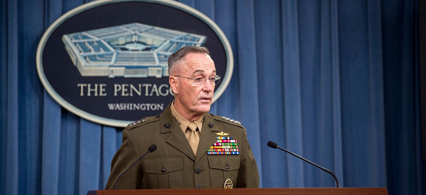 Chairman of the Joint Chiefs of Staff U.S. Marine Corps Gen. Joe Dunford speaks with media about recent military operations in Niger during a briefing Oct. 23.
