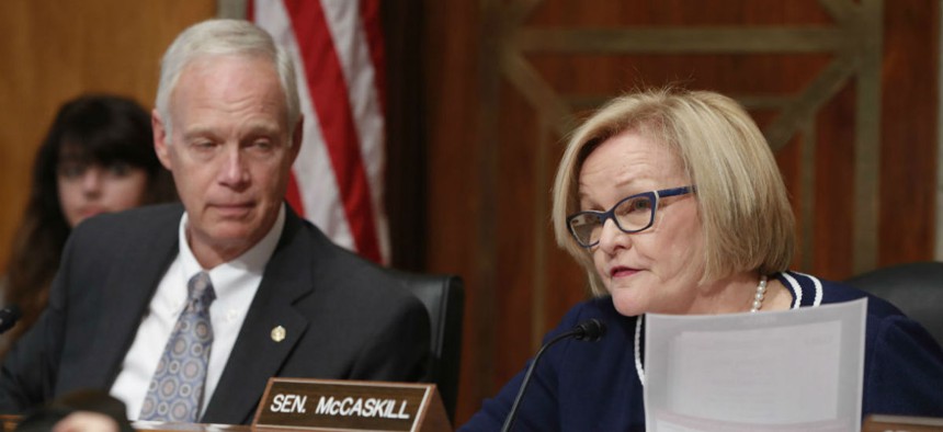 Chairman Sen. Ron Johnson, R-Wis., left, watches as ranking member Sen. Claire McCaskill, D-Mo., asks questions at the Senate Committee on Homeland Security and Governmental Affairs.