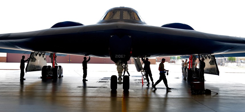 Crew chiefs from the 509th Aircraft Maintenance Squadron and 131st Bomb Wing perform a phase inspection on a U.S. Air Force B-2 Spirit bomber aircraft at Whiteman Air Force Base, Mo.