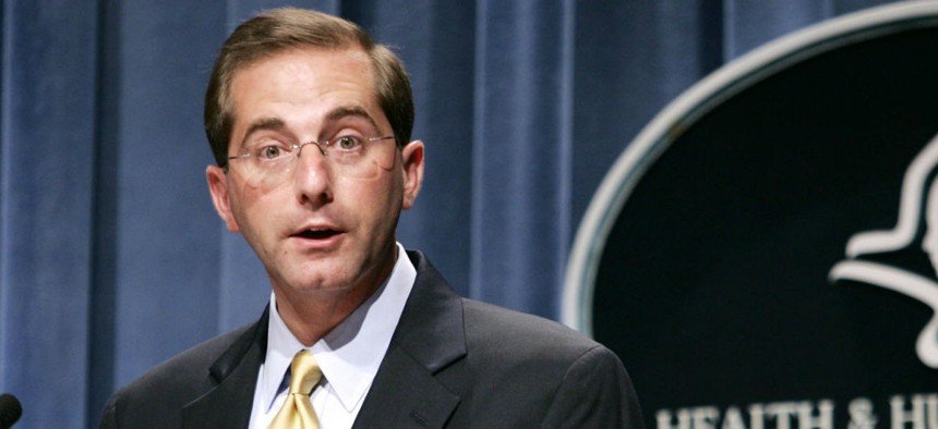 HHS secretary nominee Alex Azar holds a press conference at HHS in 2006, when he was deputy secretary.