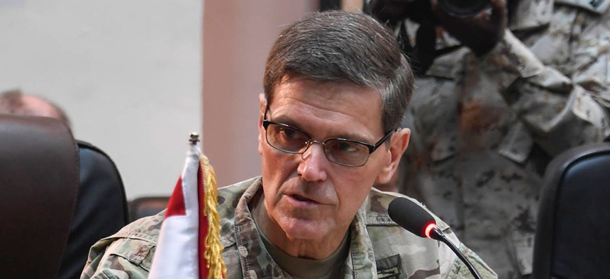 Gen Joseph L. Votel, commander United States Central Command, gives opening remarks during the Chairman of Defense tri-lateral discussion between Iraq, Saudi Arabia and the United States during his visit to Iraq in July.