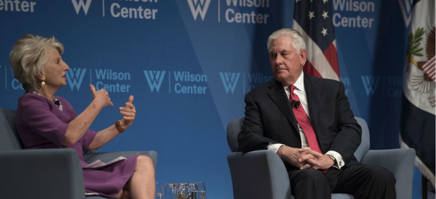 Secretary of State Rex Tillerson participates in a conversation with Wilson Center President and CEO Jane Harman at the Wilson Center in Washington on Nov. 28.
