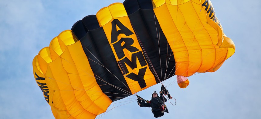 A U.S. Army soldier from the United States Army Parachute Team, the Golden Knights, parachutes into show center during the Thunder Over the Boardwalk Air Show in Atlantic City in August.