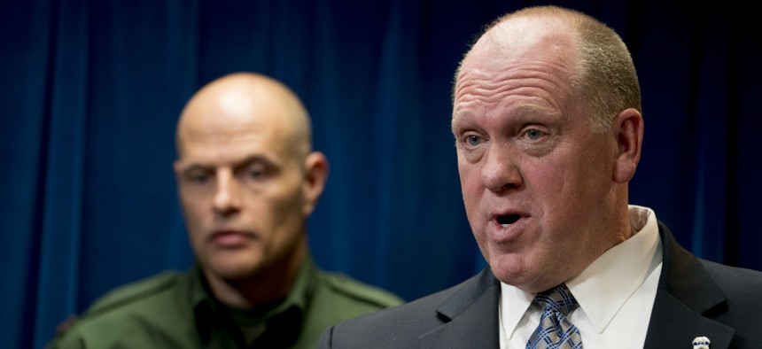 ICE acting Director Thomas Homan (right) and CBP acting Deputy Commissioner Ronald Vitiello hold a press conference Tuesday.