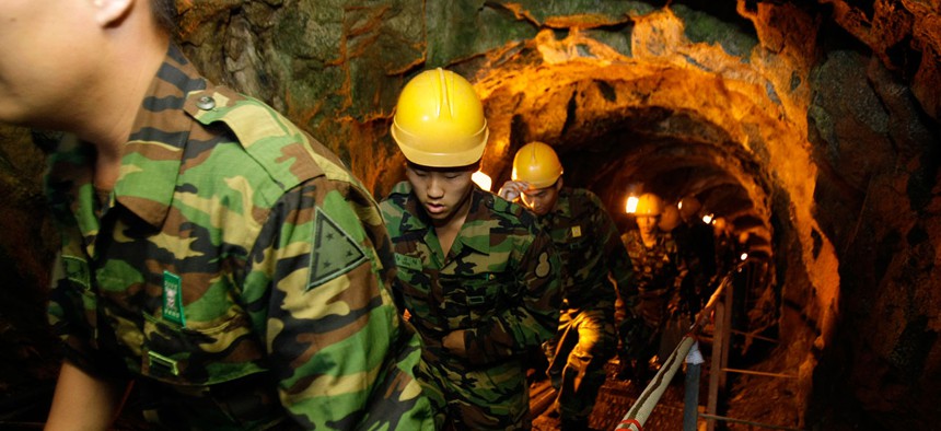 South Korean soldiers visit the 2nd Underground Tunnel for security sightseeing against North Korea near the demilitarized zone in 2008.