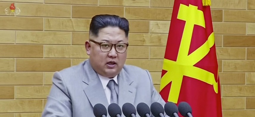 Kim Jong Un speaks in his annual address in undisclosed North Korean location in a still from KRT.