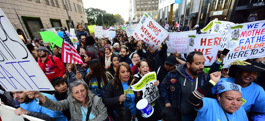 New Yorkers rally at a pro-immigration event in 2016.