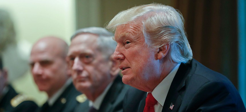 President Donald Trump speaks during a briefing with senior military leaders with National Security Adviser H.R. McMaster and Defense Secretary Jim Mattis in October.