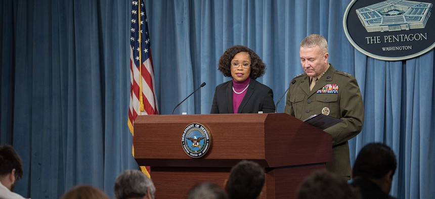 Pentagon spokesperson Dana White told reporters today the services are encouraged to talk about readiness shortfalls — but carefully, or in closed-door sessions with Congress.