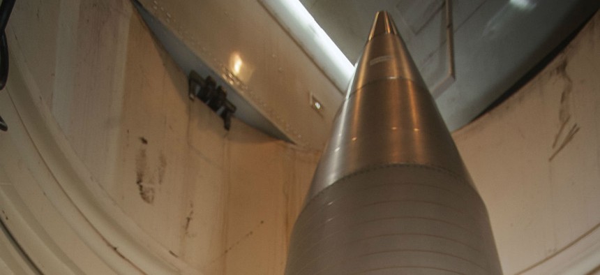 The tip of a LGM-30 Minuteman III intercontinental ballistic missile near Lansford, N.D.