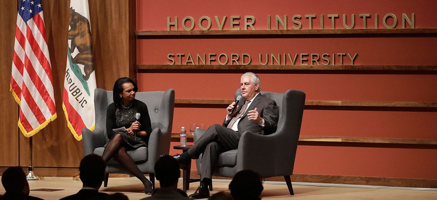 Secretary of State Rex Tillerson and former Secretary of State Condoleeza Rice speak to the Hoover Institution at Stanford University on Wednesday, Janurary 17.
