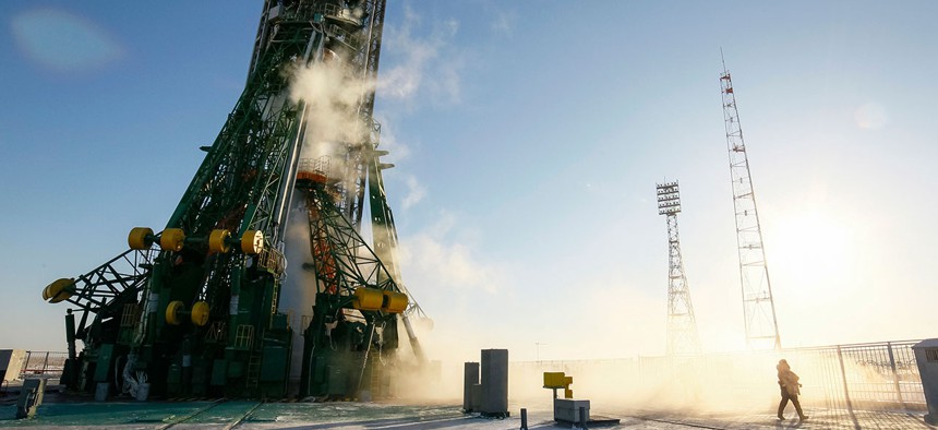 A Soyuz spacecraft, which carries astronauts to space, sits on the launchpad at Baikonur cosmodrome in Kazakhstan in December.