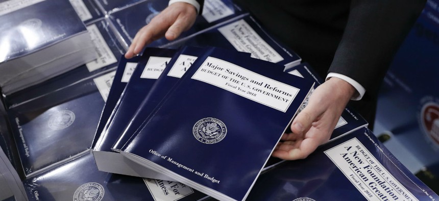 Copies of Trump's fiscal 2018 budget request await distribution to congressional staffers. 