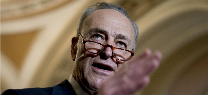 Senate Minority Leader Chuck Schumer, D-N.Y., speaks to reporters after a policy luncheon on Tuesday. 
