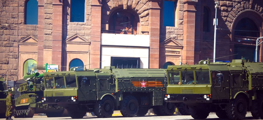 Missile launchers are shown before a Red Square military parade in 2016.