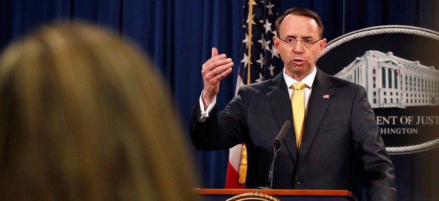 Deputy Attorney General Rod Rosenstein answers a question after announcing that the office of special counsel Robert Mueller announced a grand jury has charged 13 Russian nationals and several Russian entities on Feb. 16.